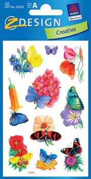 Z-Design 54332, Creative - Blumen-Sticker aus bunt bedrucktem Papier mit Glimmerstaub Motiv Schmetterlinge auf Blüten, 2 Bögen