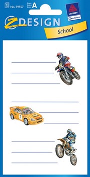 Z-Design 59557, School - Vorgestaltete Buchetiketten aus beschriftbarem Papier, Motiv Motocross+Auto, 3 Bögen