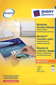 Avery Zweckform 6090, Blickdichte Etiketten 48,5x16,9 mm, 25 Bögen (= 1600 Etiketten), blickdicht, Multiprint