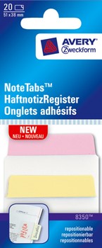 Avery Zweckform 8350, Haftnotiz-Register, NoteTab, eckige Sichtreiter, 50,8 x 38 mm, transparent, pastellgelb, rosa, 20 Stück