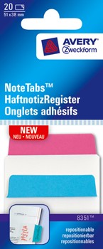 Avery Zweckform 8351, Haftnotiz-Register, NoteTab, eckige Sichtreiter, 50,8 x 38 mm, transparent, blau, pink, 20 Stück