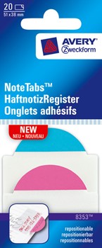 Avery Zweckform 8353, Haftnotiz-Register, NoteTab, runde Sichtreiter, 50,8 x 38 mm, transparent, pink, blau, 20 Stück