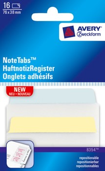 Avery Zweckform 8354, Haftnotiz-Register, NoteTab, eckige Sichtreiter, 76,2 x 38 mm, transparent, pastellblau, -gelb, 16 Stück