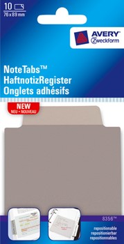 Avery Zweckform 8356, Haftnotiz-Register Klassik, NoteTab, eckige Sichtreiter, 76,2 x 88,9 mm, grau transparent, grau, 10 Stück