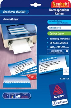 Avery Zweckform C2359-25, Korrespondenz-Karten, DIN lang, 220g, Farblaser-Spezialbeschichtung, 25 Blatt = 75 Karten