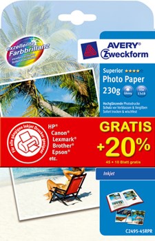 Avery Zweckform C2495-45RPR, Promopack Superior Inkjet Photo-Papier, 13x18cm, 230 g, hochglänzend, 45 + 10 Blatt