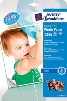 Avery Zweckform C2548-10, Inkjet-Photo-Papiere, im Kleinbildformat, selbstklebend, hochglänzend, 125g, A4, 1 Photos / A4 Bogen, 10 Blatt