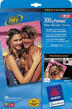 Avery Zweckform C2553-15, Premium-Inkjet-Photo-Papier, 10x15cm, 300 g, Premium glossy, 20 Blatt
