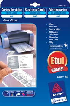 Vorteilspackung: Avery Zweckform Visitenkarten mit glatten Kanten (Quick&Clean), 85 x 54 mm (A4), 200g, matt, weiß, 25 Blatt = 250 Karten, inkl. Visitenkartenetui (Avery Zweckform C32011-25V)