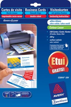 Vorteilspackung: Avery Zweckform Premium Visitenkarten mit glatten Kanten (Quick&Clean), 85 x 54 mm (A4), 220g, satiniert, ultra weiß, speziell empfohlen für Farblaser, 25 Blatt = 250 Karten, inkl. Visitenkartenetui (Avery Zweckform C32016-25V)