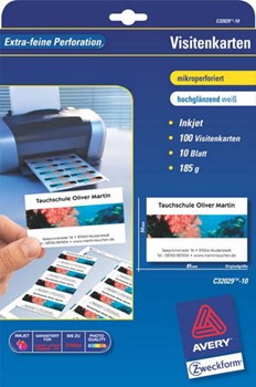 Avery Zweckform C32029-10, Classic Visitenkarten, 85 x 54 mm (A4), mikroperforiert, weiß, 185 g, Inkjet-spezialbeschichtet, hochglänzend, 10 Blatt = 100 Karten