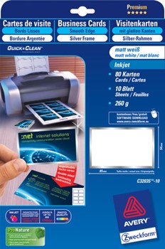 Avery Zweckform C32035-10, Premium-Visitenkarten mit Silberrahmen, Quick&Clean, nur für Inkjet, 250g, 10 Bögen (= 80 Karten)