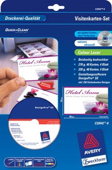 Avery Zweckform C32042-8, Premium Visitenkarten-Set für den PC inkl. 1 CD-Rom mit Gestaltungs-Software DesignPro SE (eingeschränkte Version), 8 Bogen Visitenkarten (Quick&Clean), je 4 Bogen 220 g und 270 g für Laserdrucker