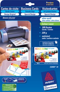 Avery Zweckform C32050-10, Premium-Visitenkarten, Spezialdesign mit 2 abgerundeten Ecken, Quick&Clean, nur für Laserdrucker, 220g.  10 Blatt (= 100 Karten)