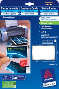 Avery Zweckform C32055-10, Premium-Visitenkarten mit Silberrahmen, Quick&Clean, nur für Laserdrucker, 220g, 10 Bögen (= 100 Karten)