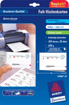 Avery Zweckform C32068-25, Premium Falt-Visitenkarten mit glatten Kanten (Quick&Clean), 85 x 54 mm (A4), 220g, satiniert, ultra weiß, beidseitig bedruckbar, speziell empfohlen für Farblaser, 25 Blatt = 125 Karten