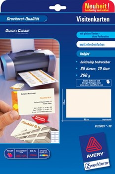 Avery Zweckform C32097-10, Premium Visitenkarten mit glatten Kanten (Quick&Clean), Spezialmaterial,  85 x 54 mm (A4), 260g, Inkjet-spezialbeschichtet, elfenbeinfarben, 10 Blatt = 80 Karten