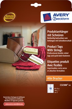 Avery Zweckform C32300-10, Produktanhänger mit Schnüren, weiß, 89x51mm, 190g, 10 Bögen (=100 Anhänger)