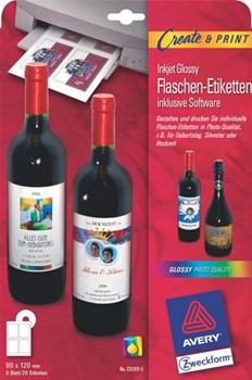 Avery Zweckform C9269-5, Flaschen-Etiketten mit Designvorlagen auf CD-Rom, 90 x 120 mm, 5 Blatt / 20 Etiketten