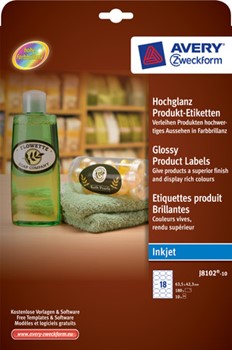 Avery Zweckform J8102-10, Hochglanz Produkt-Etiketten, für Inkjetdrucker, weiß, oval, 63,5x42,3mm, 10 Bögen (=180 Etiketten)