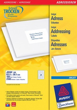 Avery Zweckform J8160-100, Inkjetetiketten 63,5x38,1 mm, 100 Bögen (= 2100 Etiketten), spezialbeschichtet, nur für Inkjet