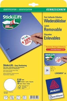 Avery Zweckform L3415REV-25, Wiederablösbare Etiketten Durchmesser 40 mm, rund, 25 Bögen (= 600 Etiketten), wiederablösbar, Multiprint