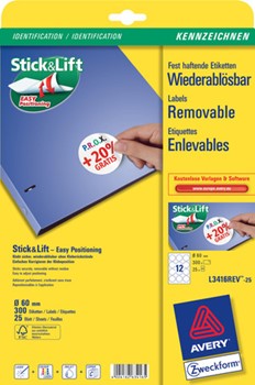 Avery Zweckform L3416REV-25, Wiederablösbare Etiketten Durchmesser 60 mm, rund, 25 Bögen (= 300 Etiketten), wiederablösbar, Multiprint