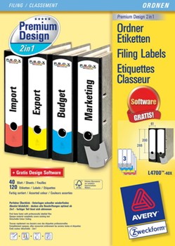Avery Zweckform L4700-40X, Premium Design 2in1 Ordner-Etiketten mit abtrennbarer Farbkodierung, 288 (200)x61 mm, 40 Bögen (= 120 Etiketten), weiß/grau, weiß/rot, weiß/blau, weiß/gelb