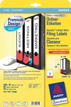 Avery Zweckform L4701-20, Premium Design 2in1 Ordner-Etiketten mit abtrennbarer Farbkodierung, 288 (200)x61 mm, 20 Bögen (= 60 Etiketten), weiß/rot