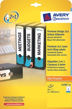 Avery Zweckform L4702-20, Premium Design 2in1 Ordner-Etiketten mit abtrennbarer Farbkodierung, 288 (200)x61 mm, 20 Bögen (= 60 Etiketten), weiß/blau