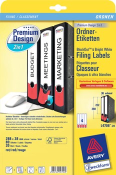 Avery Zweckform L4706-20, Premium Design 2in1 Ordner-Etiketten mit abtrennbarer Farbkodierung, 288 (222) x 38 mm, 20 Bögen (= 80 Etiketten), weiß/rot