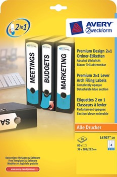 Avery Zweckform L4707-20, Premium Design 2in1 Ordner-Etiketten mit abtrennbarer Farbkodierung, 288 (222) x 38 mm, 20 Bögen (= 80 Etiketten), weiß/blau