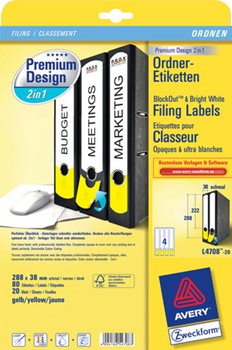 Avery Zweckform L4708-20, Premium Design 2in1 Ordner-Etiketten mit abtrennbarer Farbkodierung, 288 (222) x 38 mm, 20 Bögen (= 80 Etiketten), weiß/gelb