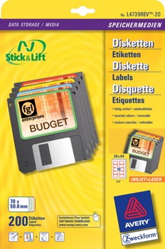 Avery Zweckform L4739REV-20, Disketten-Etiketten 70x50,8 mm, 20 Bögen (= 200 Etiketten), farbig sortiert, wiederablösbar, für 8,89cm (3,5") Disketten, Multiprint