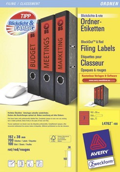 Avery Zweckform L4762-100, Ordner-Etiketten 192x38 mm, 100 Bögen (= 700 Etiketten), kurz, rot, für z.B. Leitz, Elba, Esselte, Mehle, Herlitz, Bene, Multiprint