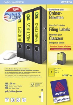 Avery Zweckform L4765-100, Ordner-Etiketten 192x38 mm, 100 Bögen (= 700 Etiketten), kurz, gelb, für z.B. Leitz, Elba, Esselte, Mehle, Herlitz, Bene, Multiprint