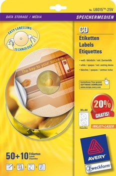 Vorteilspackung: Avery Zweckform CD Etiketten ClassicSize, Durchmesser 117 mm, 25+5 Bögen (= 60 Etiketten), iMultiprint (Avery Zweckform L6015-25V)