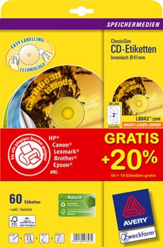 Avery Zweckform L6043-25PR, Promopack CD Etiketten ClassicSize, Durchmesser 117 mm, 25 + 5 Bögen (= 60 Etiketten), Multiprint