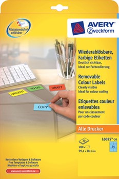 Avery Zweckform L6055-20, Etiketten 99,1x38,1 mm, 20 Bögen (= 280 Etiketten), blau, wiederablösbar, Multiprint