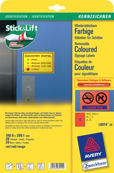 Avery Zweckform L6074-20, Farbige Etiketten, wiederablösbar, rot, 199,6x289,1mm, 20 Blatt (=20 Etiketten)