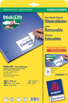 Avery Zweckform L6303REV-25,  Wiederablösbare Etiketten 88,9 x 33,8 mm, 25 Bögen (=400 Etiketten), weiß 