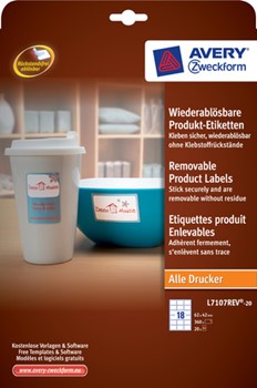 Avery Zweckform L7107REV-20, Wiederablösbare Produkt-Etiketten, weiß, rechteckig, 62x42mm, 20 Bögen (=360 Etiketten)