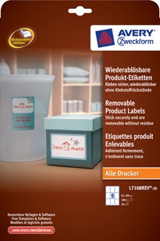 Avery Zweckform L7108REV-20, Wiederablösbare Produkt-Etiketten, weiß, rechteckig, 62x89mm, 20 Bögen (=180 Etiketten)