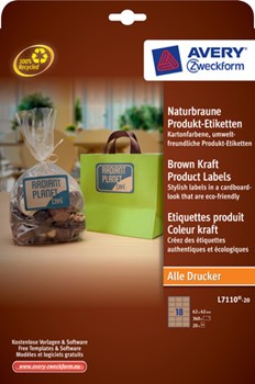Avery Zweckform L7110-20, Naturbraune Produkt-Etiketten, rechteckig, 62x42mm, 20 Bögen (=360 Etiketten)