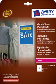 Avery Zweckform L7116-5, Klebstofffreie Wandplakate, weiß, 190x275mm, 5 Stück