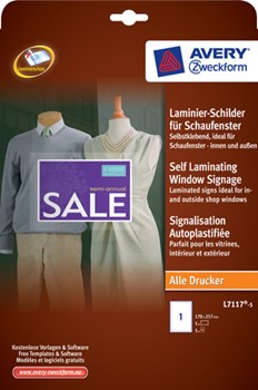 Avery Zweckform L7117-5, Laminier-Schilder für Schaufenster, weiß, 170x257mm, 5 Stück