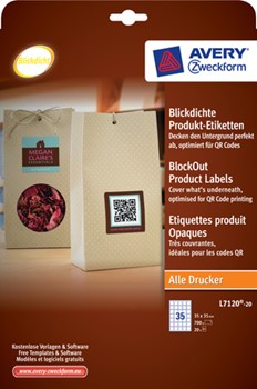 Avery Zweckform L7120-20, Blickdichte Produkt-Etiketten, ideal für QR Codes, weiß, quadratisch, 35x35mm, 20 Bögen (=700 Etiketten)