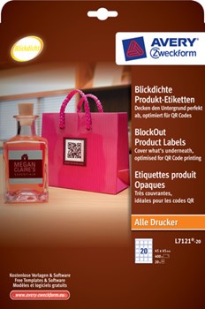 Avery Zweckform L7121-20, Blickdichte Produkt-Etiketten, ideal für QR Codes, weiß, quadratisch, 45x45mm, 20 Bögen (=400 Etiketten)