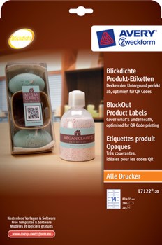 Avery Zweckform L7122-20, Blickdichte Produkt-Etiketten, ideal für QR Codes, weiß, rechteckig, 80x35mm, 20 Bögen (=280 Etiketten)