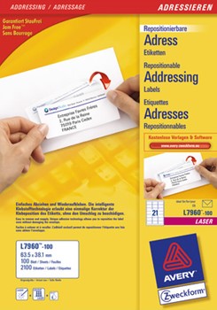 Avery Zweckform L7960-100, Repositionierbare Adress-Etiketten 63,5 x 38,1 mm, 100 Bögen (= 2100 Etiketten), Multiprint
